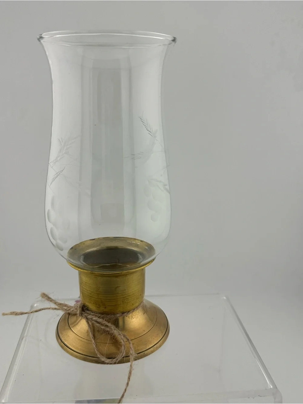 Vintage Brass Base Glass Hurricane Vase with etched Floral Accent